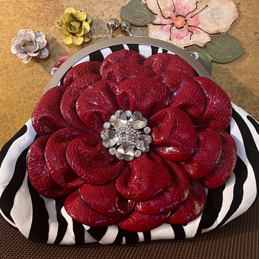“Flower” Clutch with Zebra Stripes and Embellished Red Flower